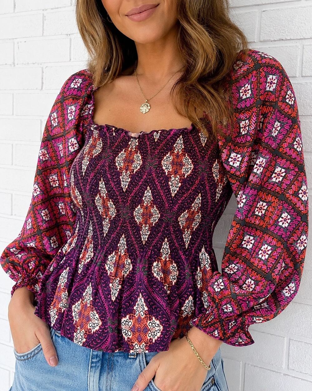 Conditions Apply Small Boho Smocked Peplum Top Puff Sleeve Off Shoulder Purple